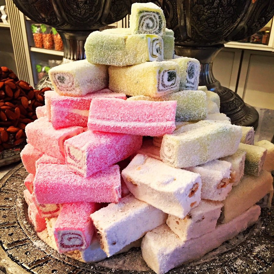 A pyramid of pink, green and white Turkish delight